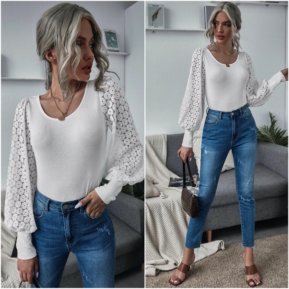 white lace wide long sleeve bodysuit boho - Picture 3 of 3